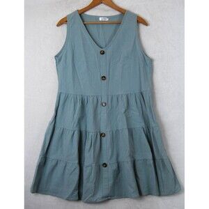 Cottage Core Soft Muted Blue Green Tiered Halife Jumper Dress XL Farmer Girl